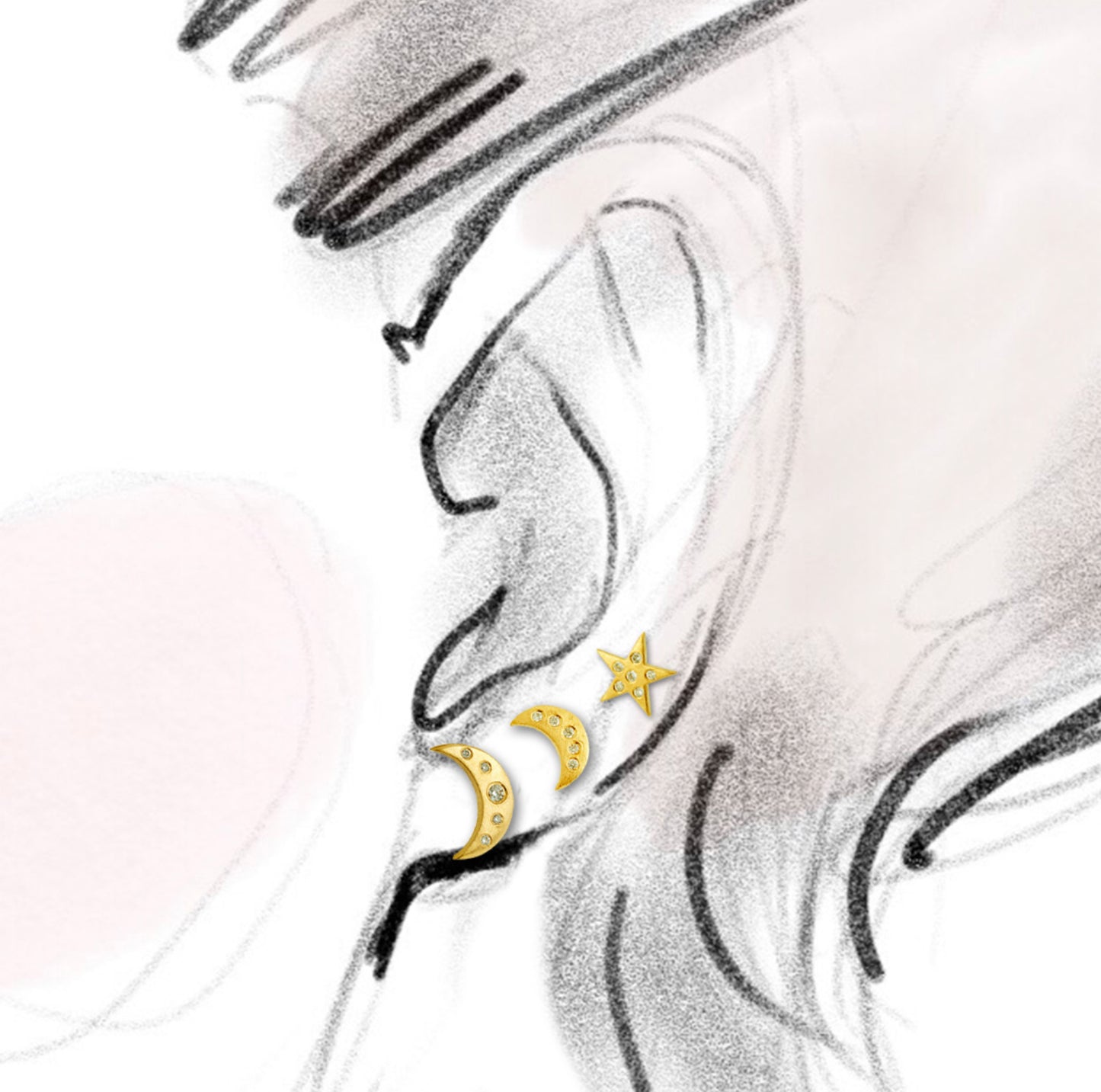 Stud earrings on a sketcched ear
