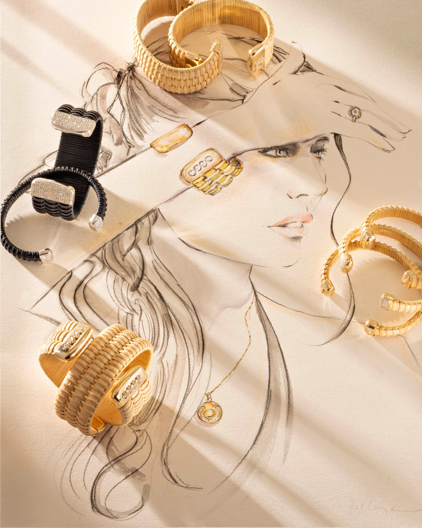 Bay Sail Nantucket Lightship Basket 1" Cuff, handwoven from natural cane and rattan, with Gold and Diamonds on drawing of a woman wearing jewelry
