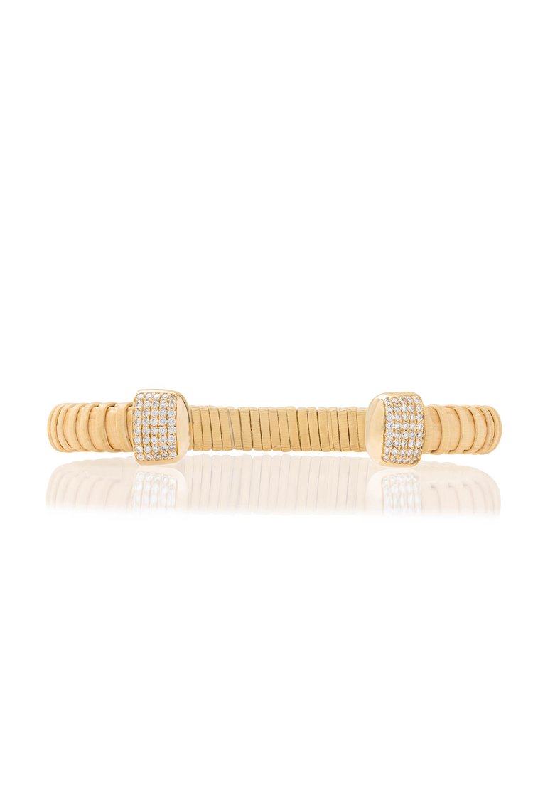 Hyannis Port Nantucket 1/4" Cuff, handwoven from natural cane and rattan, with yellow gold diamonds flat on table