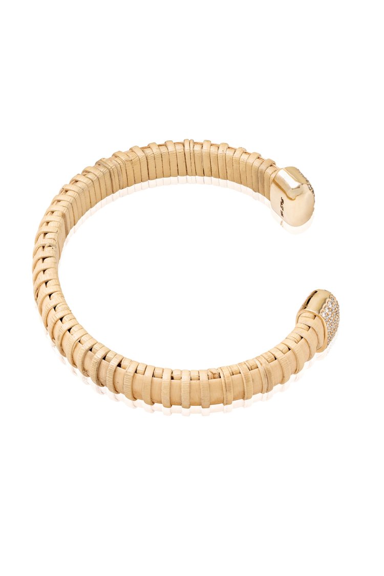Hyannis Port Nantucket 1/4" Cuff, handwoven from natural cane and rattan, with yellow gold diamonds flat on table