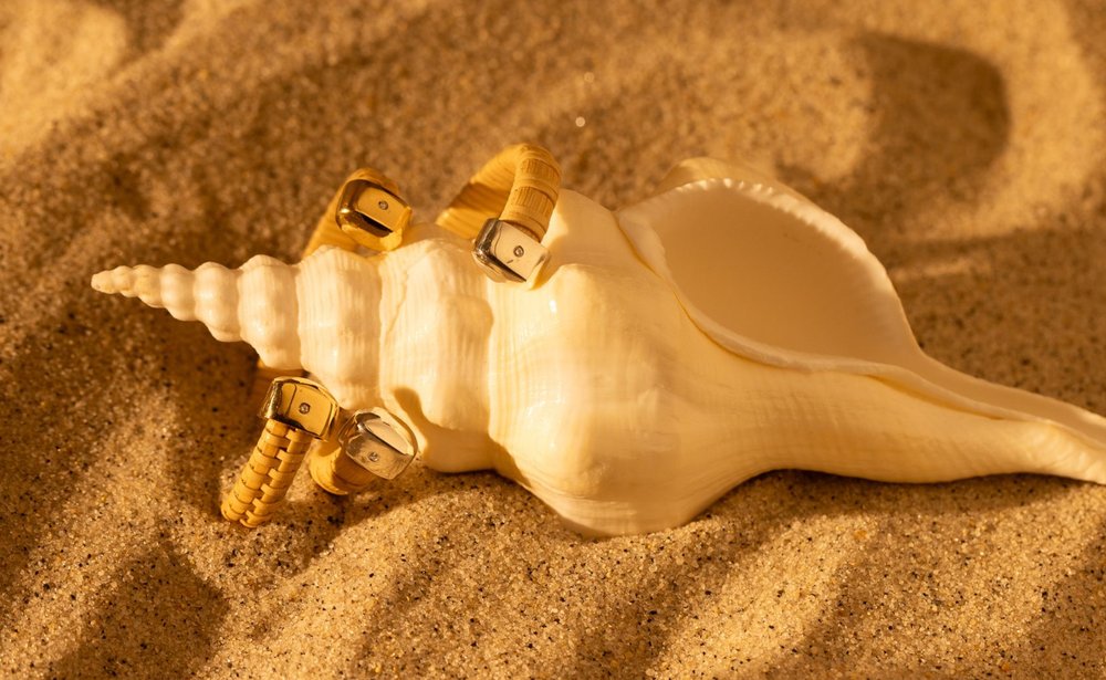 Two Sparkling Seas Nantucket Lightship Basket 1/4" Cuff, handwoven from natural cane and rattan, with Sterling Silver and Diamonds on seashell