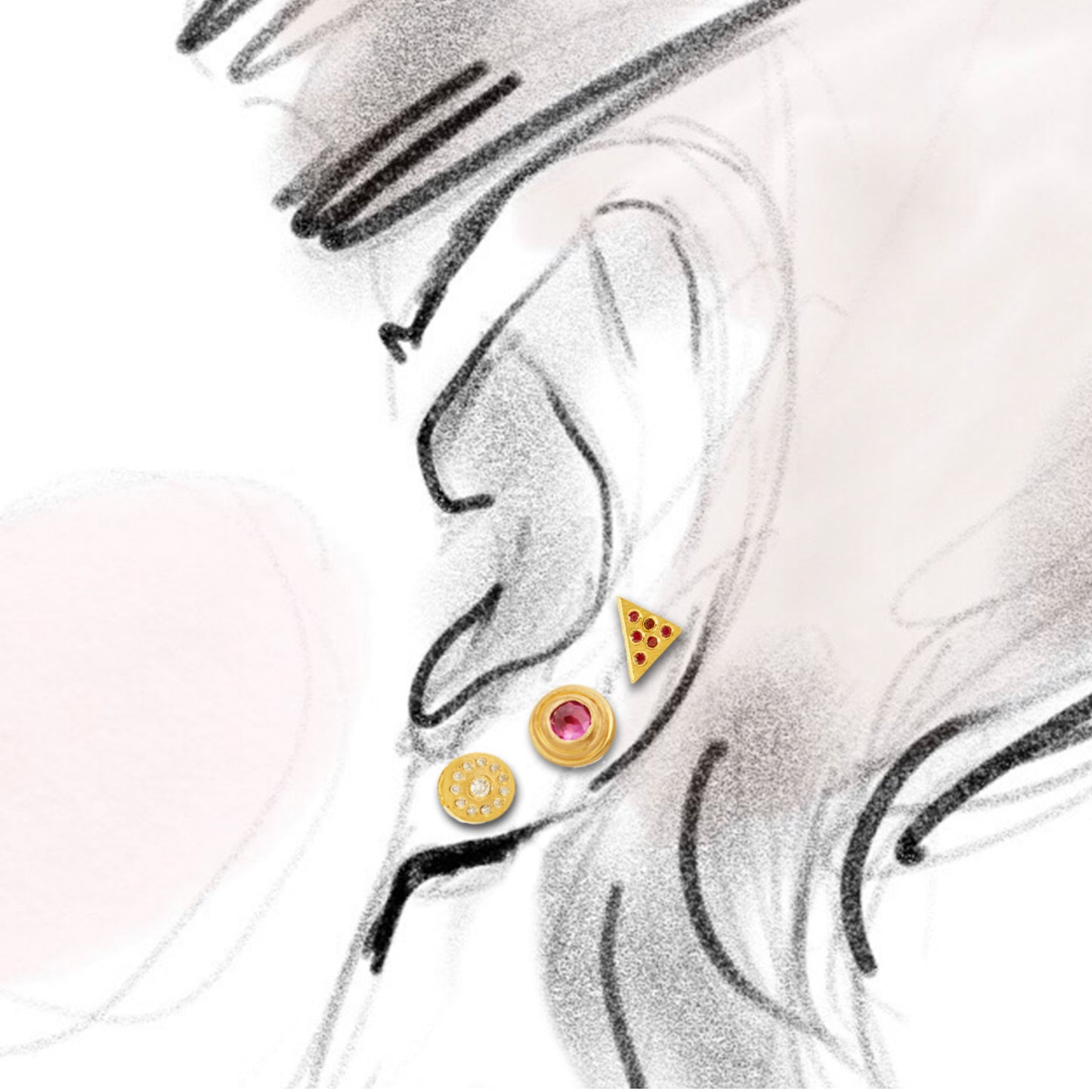 3 studs on a sketched ear