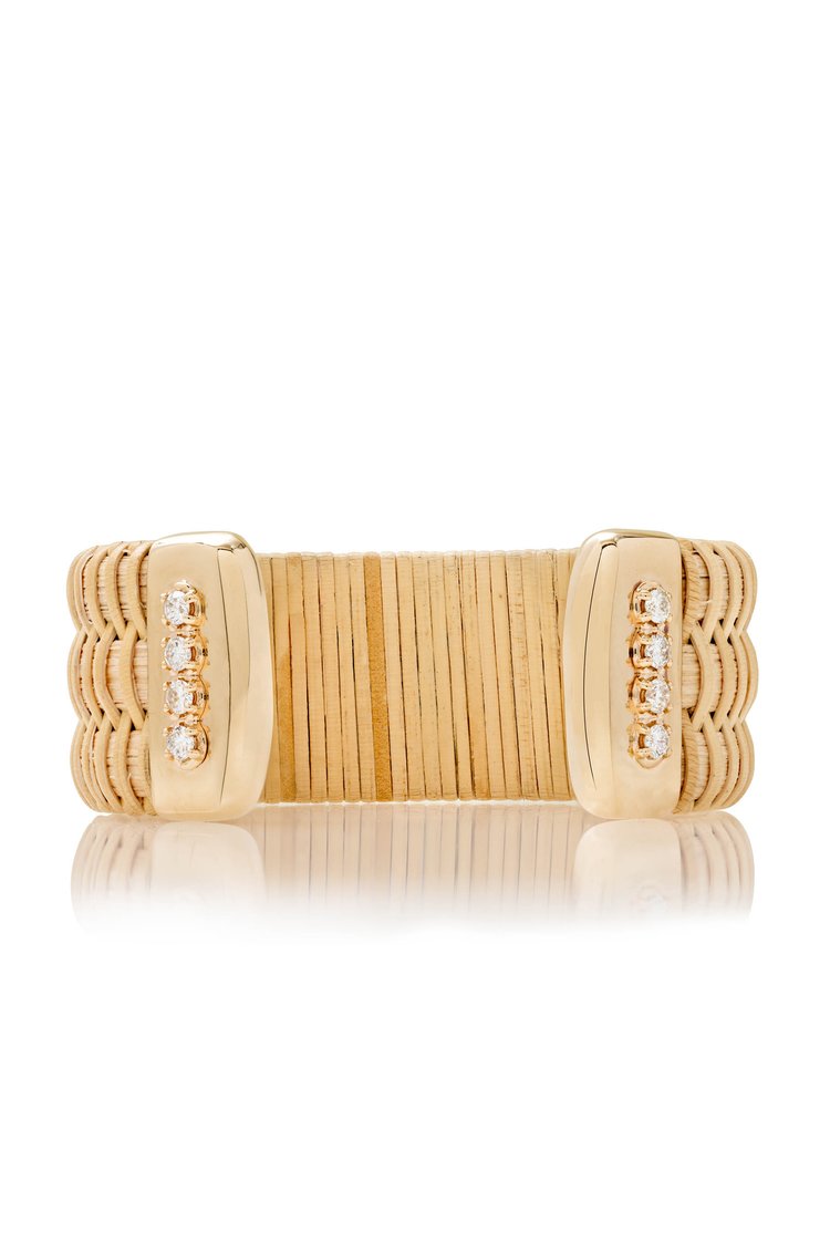Monomoy Sunrise Nantucket Lightship Basket 1" Cuff, handwoven from natural cane and rattan, with Gold and Diamonds