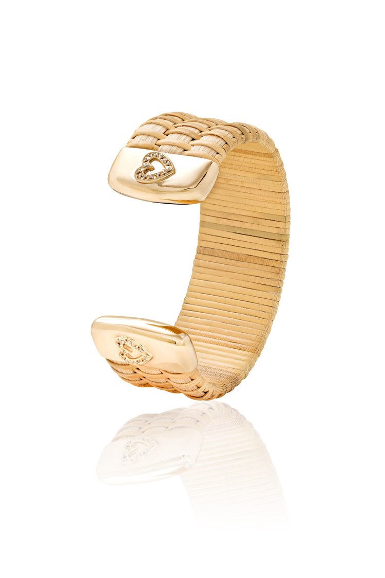 Summer Love Nantucket Lightship Basket 1" Cuff, handwoven from natural cane and rattan, with Gold and Diamonds in heart shape
