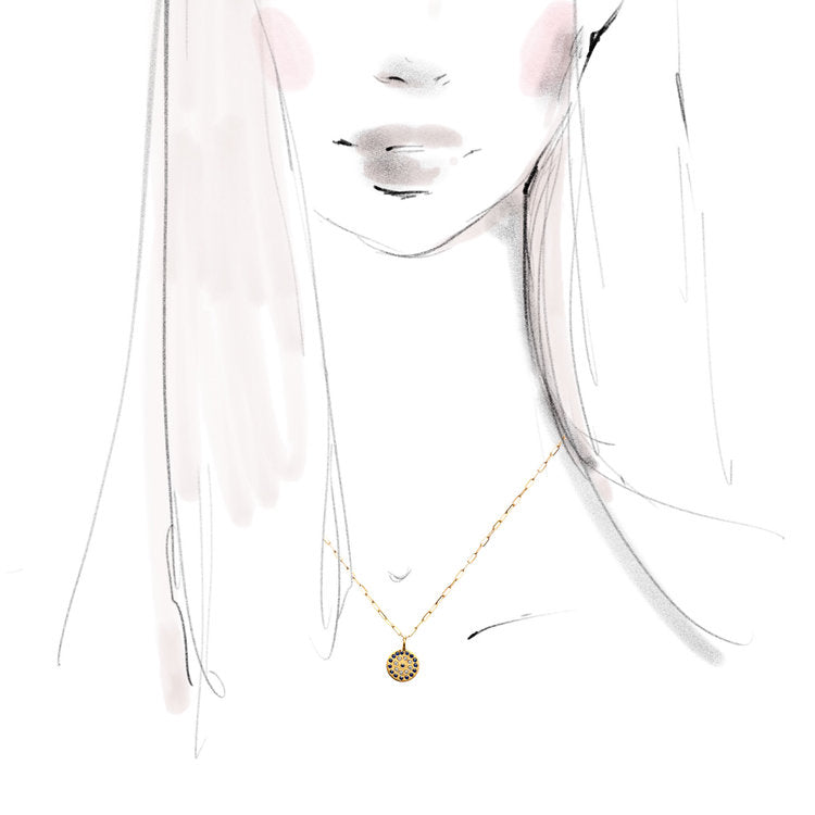 round evil eye style this piece will quickly become a favorite. Sparkling diamonds and deep blue sapphires are so luxurious with 22K yellow gold. ; on drawing of a woman