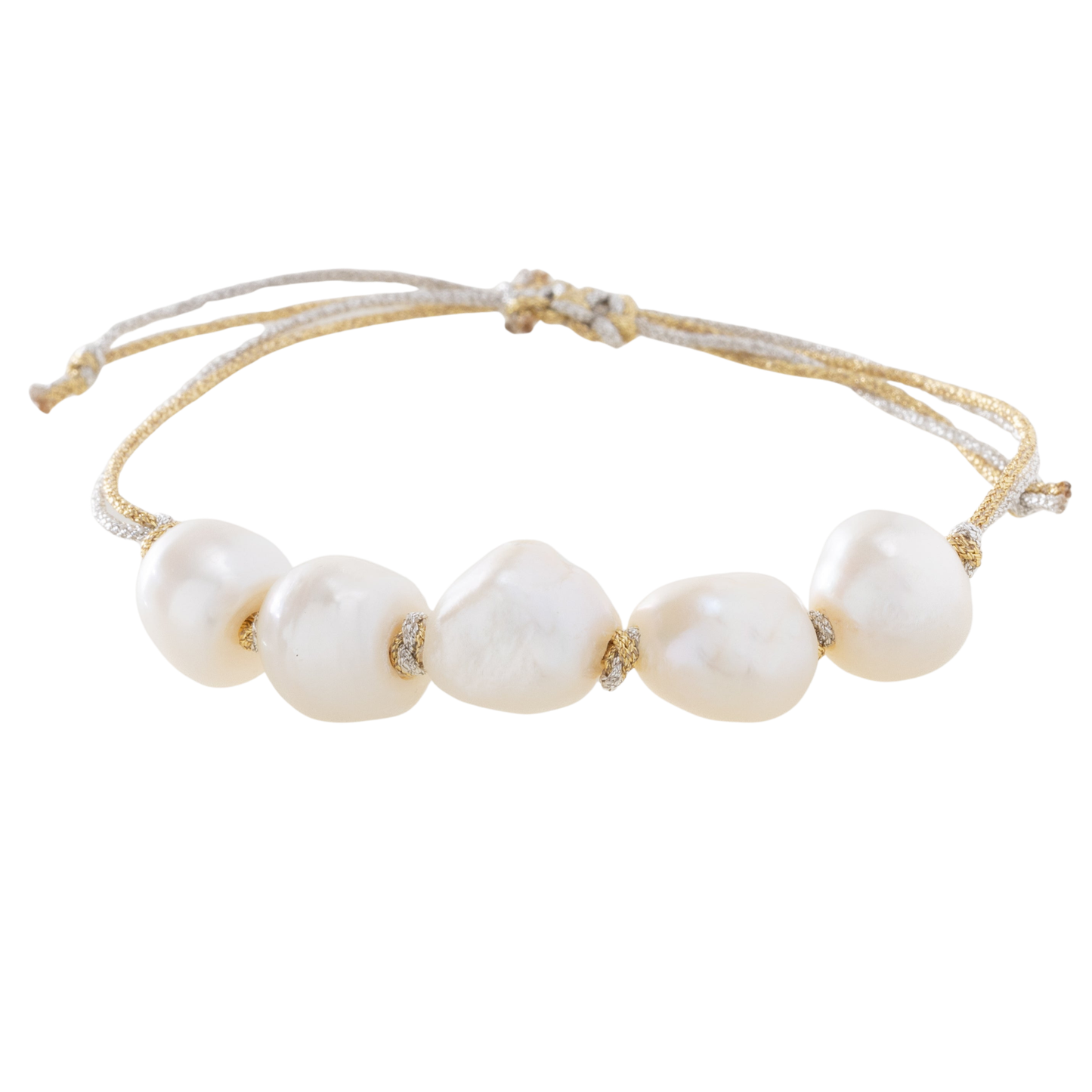 five freshwater pearls on gold and silver thread - adjustable bracelet
