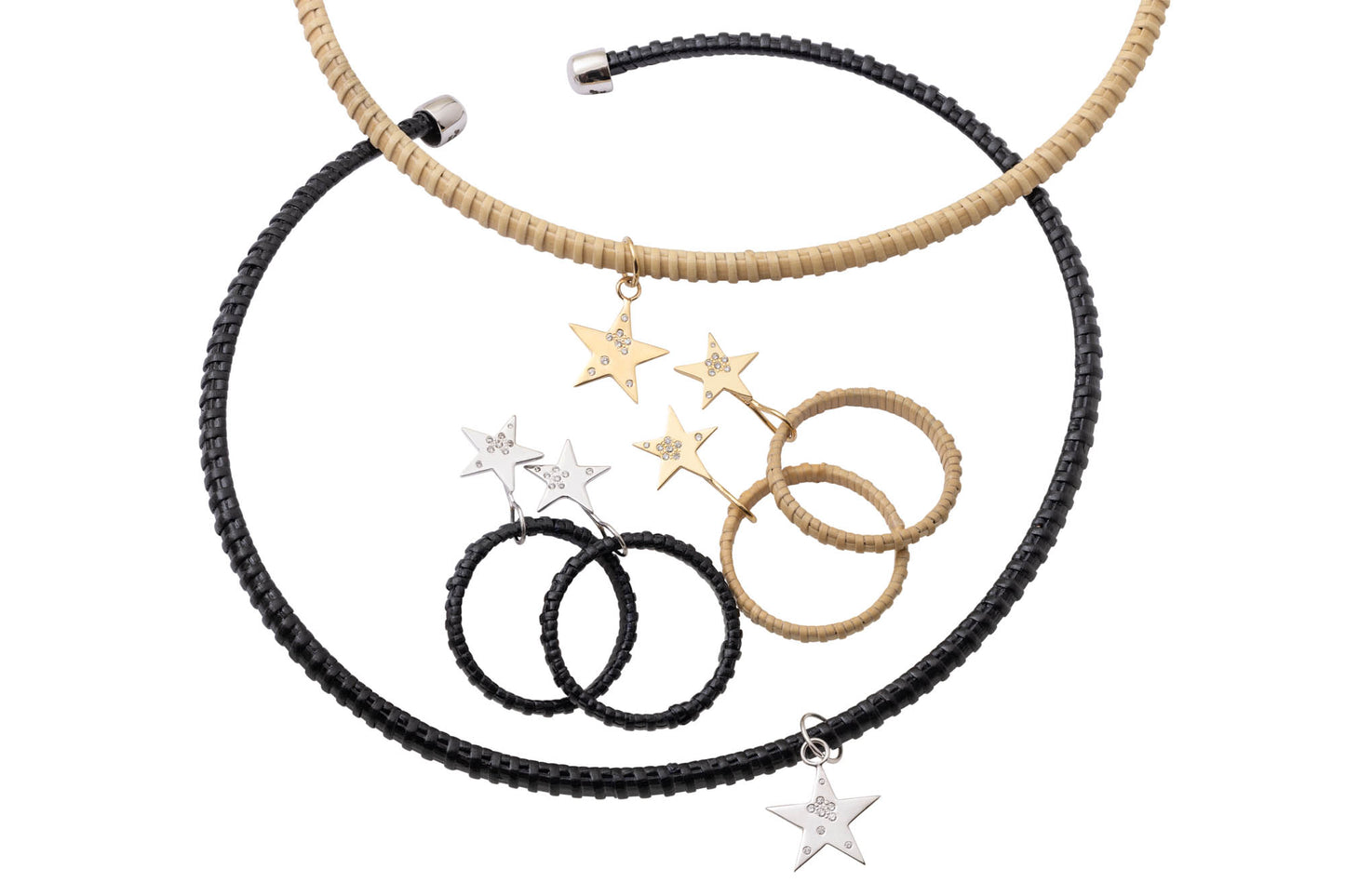 Nantucket Basket Chocker Necklaces black and natural rattan with Gold Star and Diamond Charm and nantucket basket hoop earrings with stars