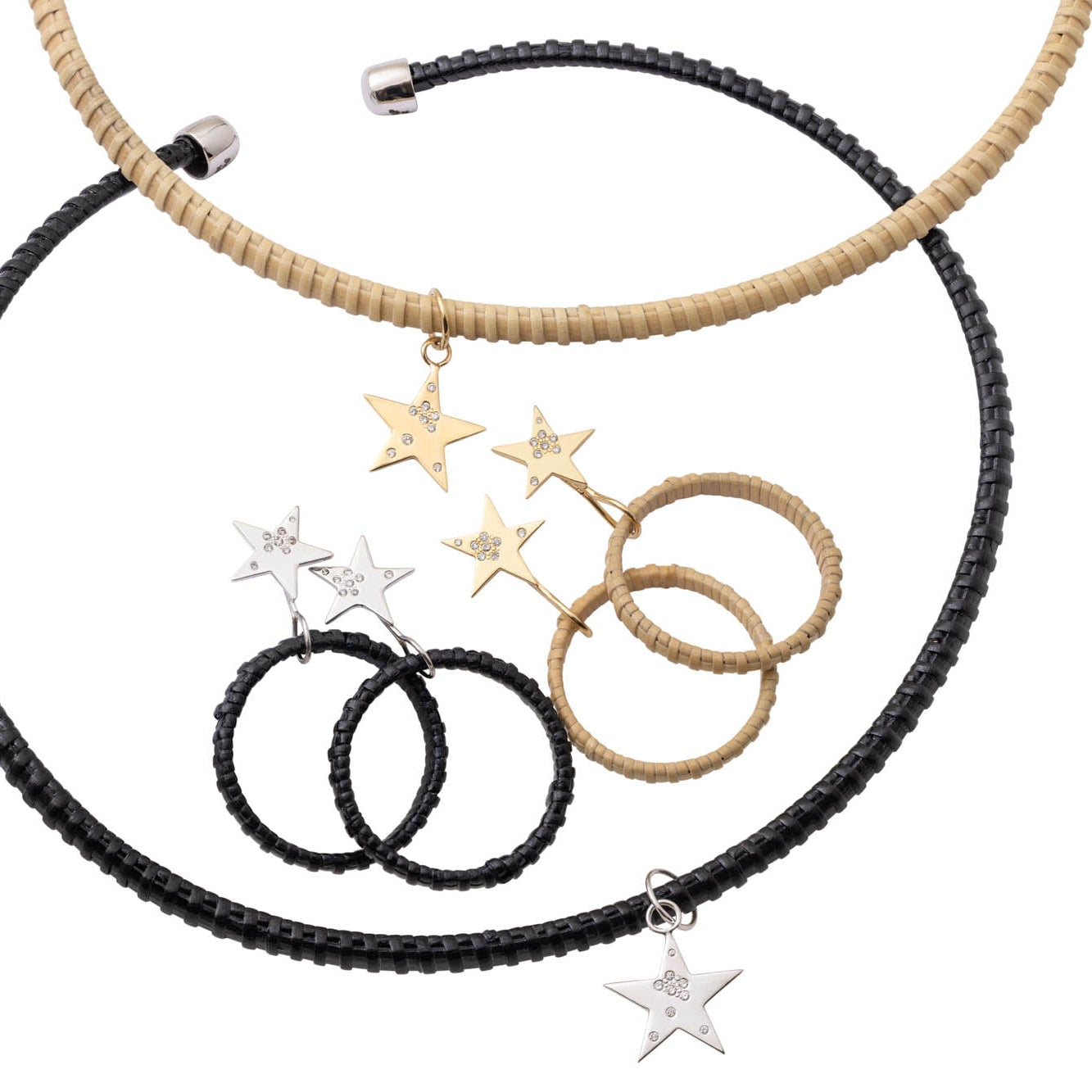 Nantucket Basket Chocker Necklaces black and natural rattan with Gold Star and Diamond Charm and nantucket basket hoop earrings with stars