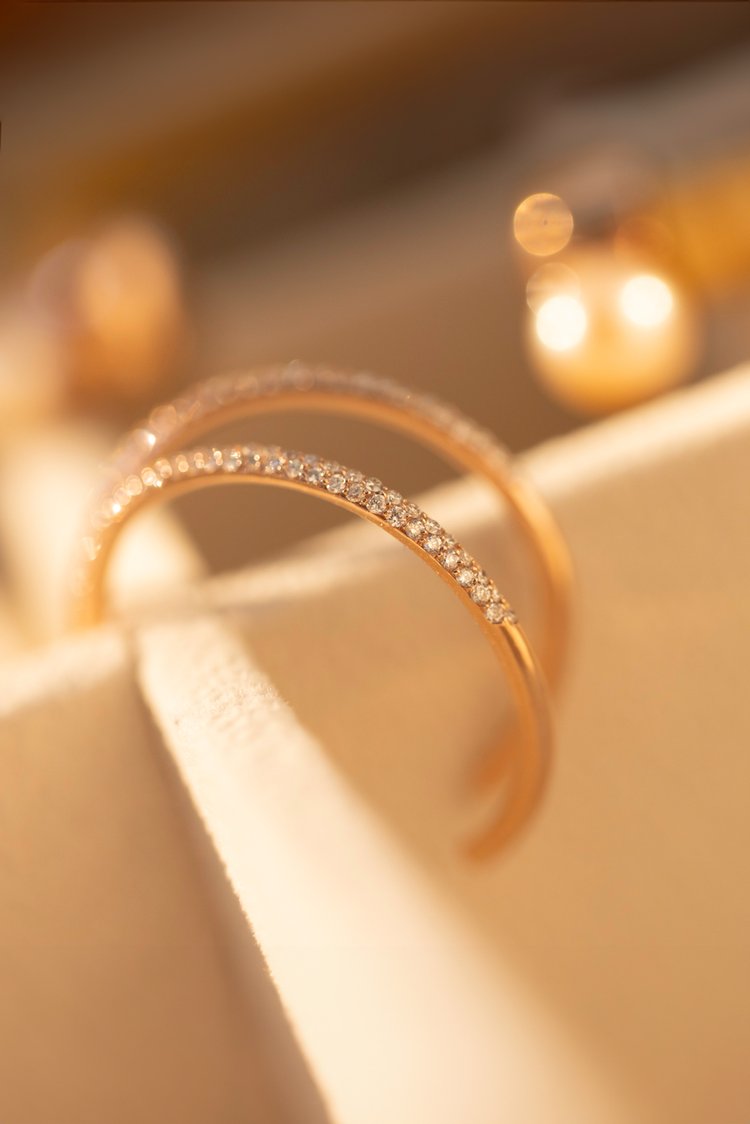 Handmade 14K rose gold hoop earrings with pave diamonds