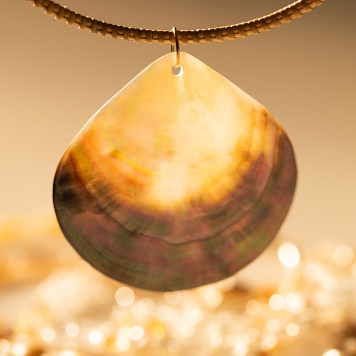 Closeup of large shell pendant necklace
