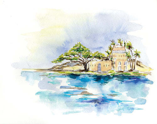 landscape sketch of water and a small villa surrounded by trees