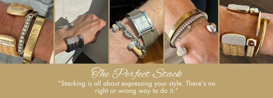 images of peoples wrists stacked with nantucket cuff bracelets and other fine jewelry; the perfect stack