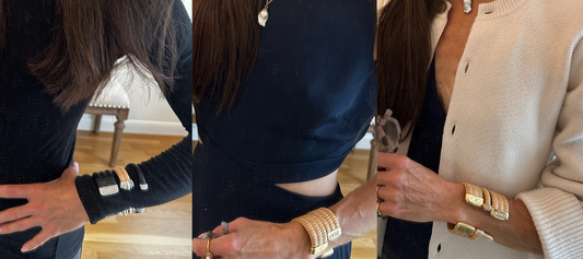 collage of three images, close up of arms featuring Nantucket Basket Bracelet Cuffs styled for fall and winter