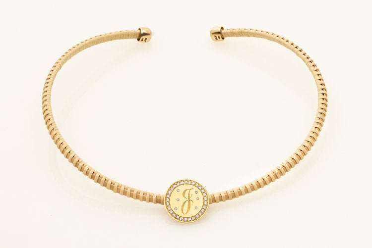 22K gold monogrammed pendant with diamonds set on a natural Nantucket basket choker necklace