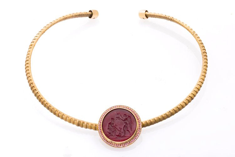 22K gold, red glass intaglio, ruby & pink sapphire pendant set on a natural Nantucket basket choker necklace