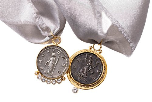 Ancient Roman coins set in 22K gold with diamonds