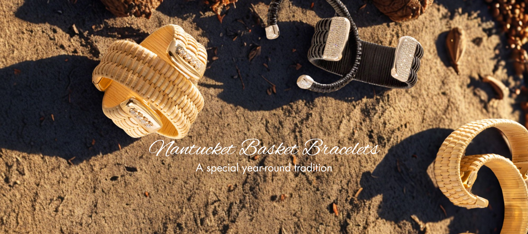 Nantucket Basket Bracelets on a sandy surface with branding text.