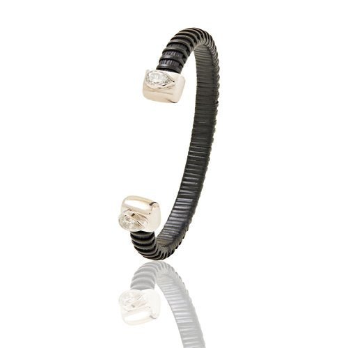 Black Nantucket basket cuff bracelet with white gold & diamond caps