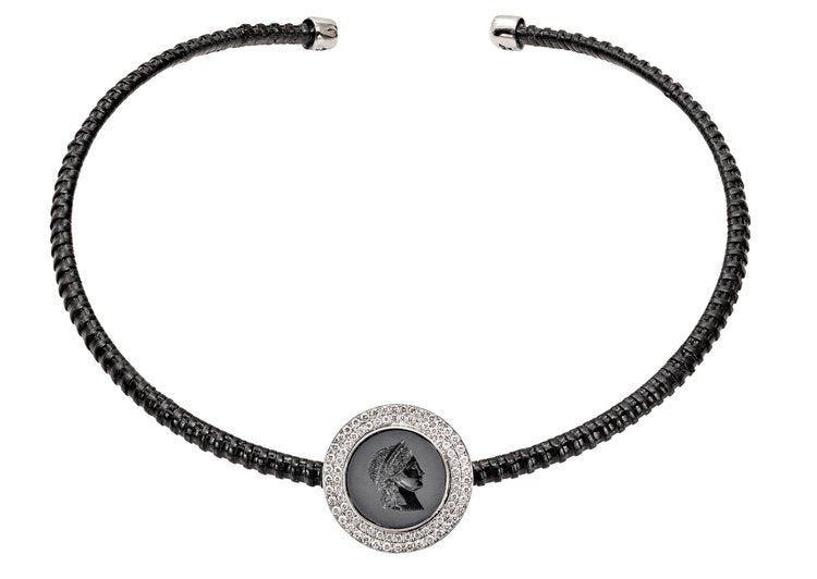 Black hand carved intaglio set in 18K white gold with diamonds set on a black Nantucket basket choker necklace