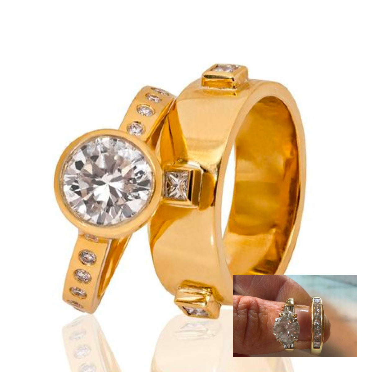 Two thick gold and diamond rings next to an image of a finger with 2 custom rings on it