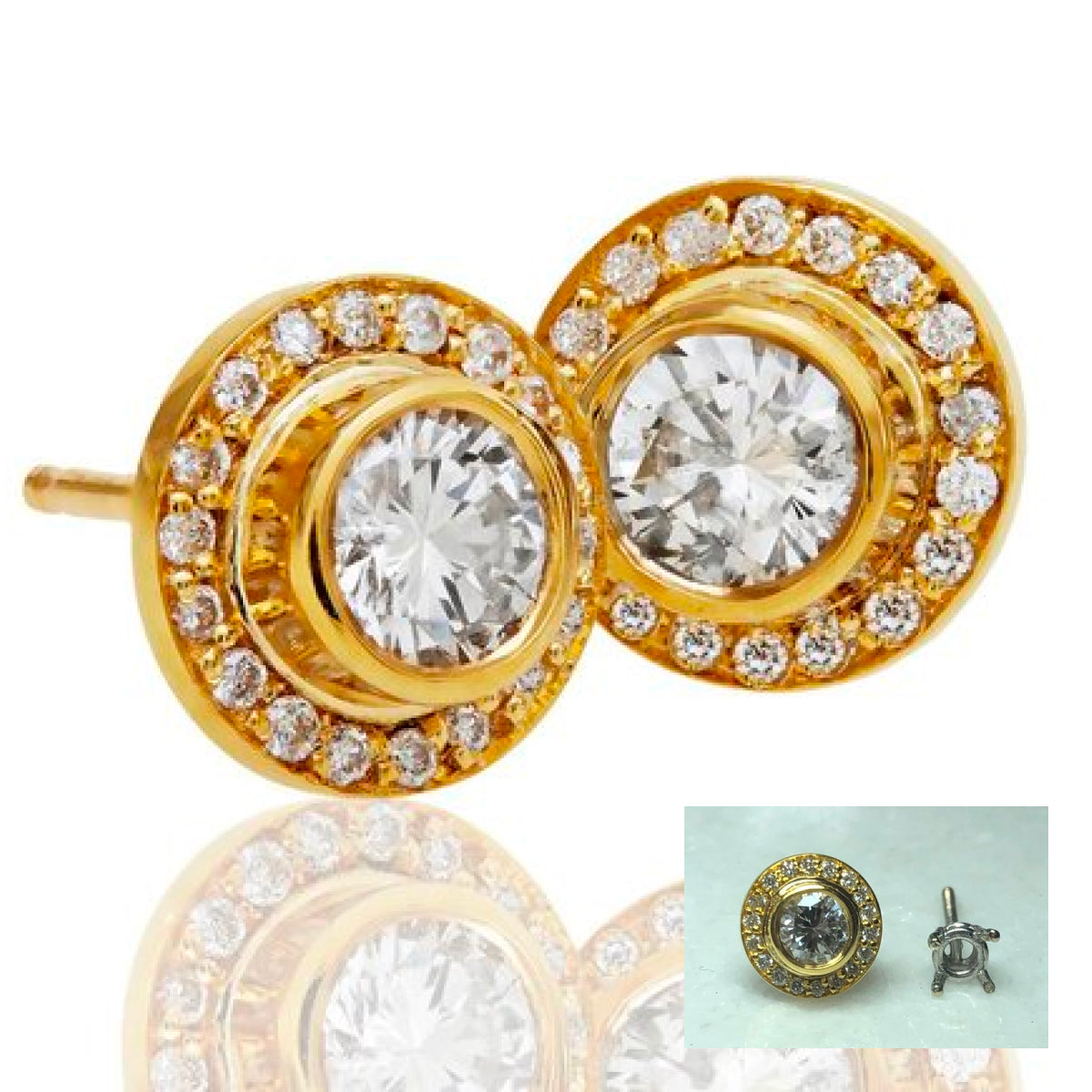 two diamond encrusted stud earrings shown next to a photo of one earring and one earring backing