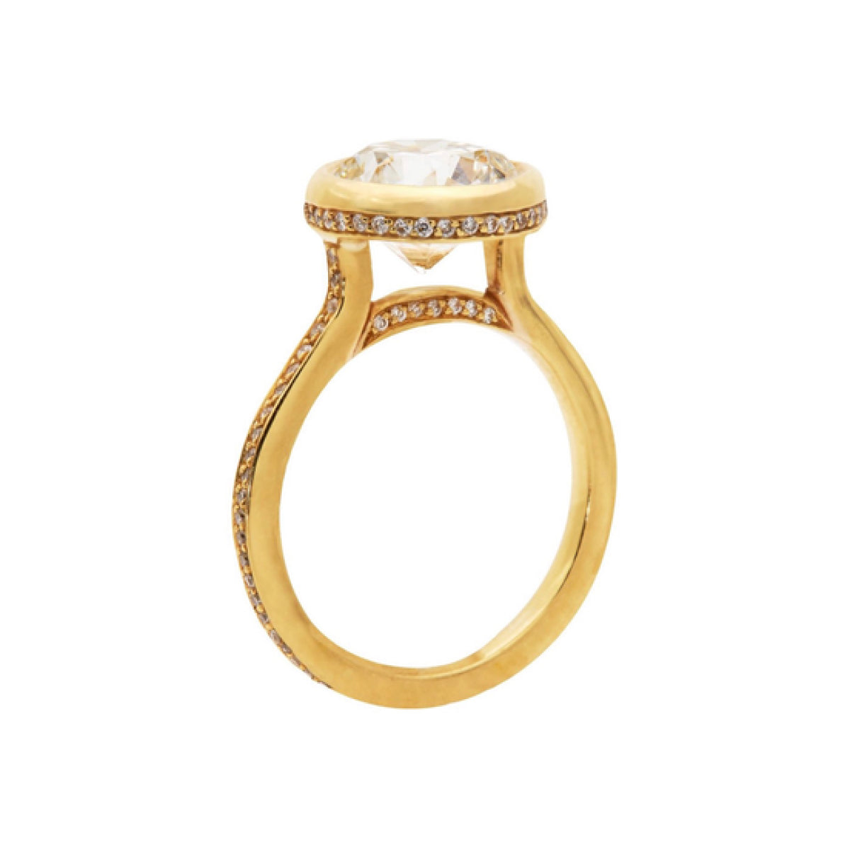 Gold solitaire ring with lifted diamond and pave band