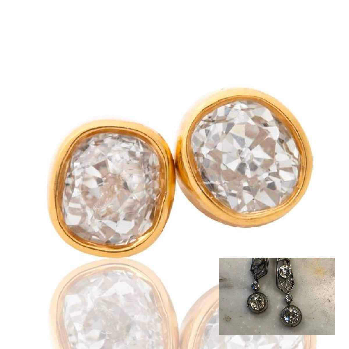 Gold bezel set stud earrings next to a photo of an old set of earrings that were transformed