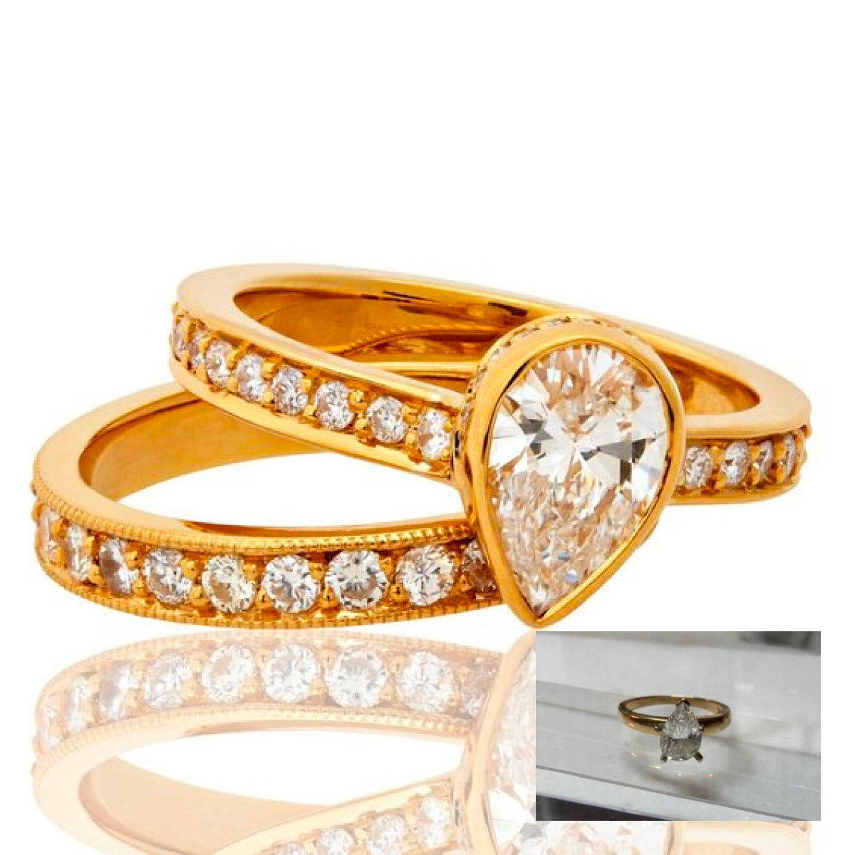 pear solitaire ring transformed into a ring stack of two gold and diamond rings