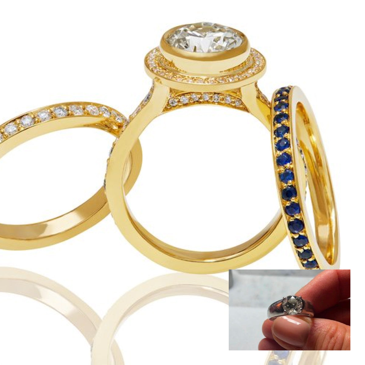 repurposed a platinum engagement ring into three, 22K gold rings: a new engagement ring, a diamond band and a blue sapphire band.