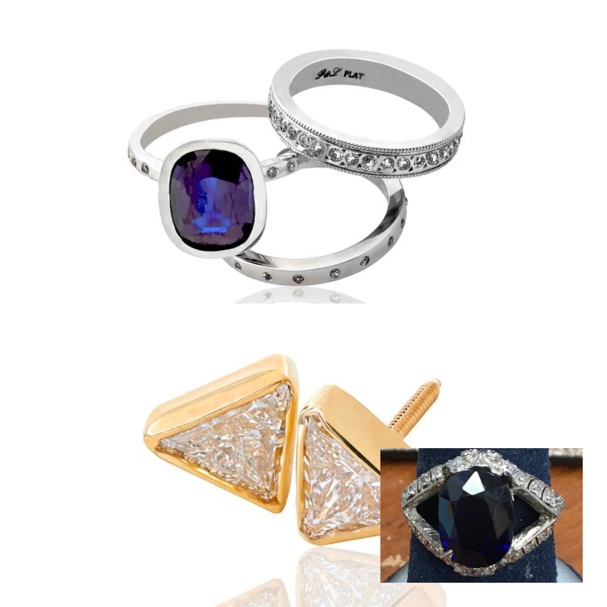 5ct blue sapphire, 2 side trillion diamonds and 70 small rings were alchemized into four new pieces.  The outcome was three new platinum rings and 22K gold diamond stud earrings.