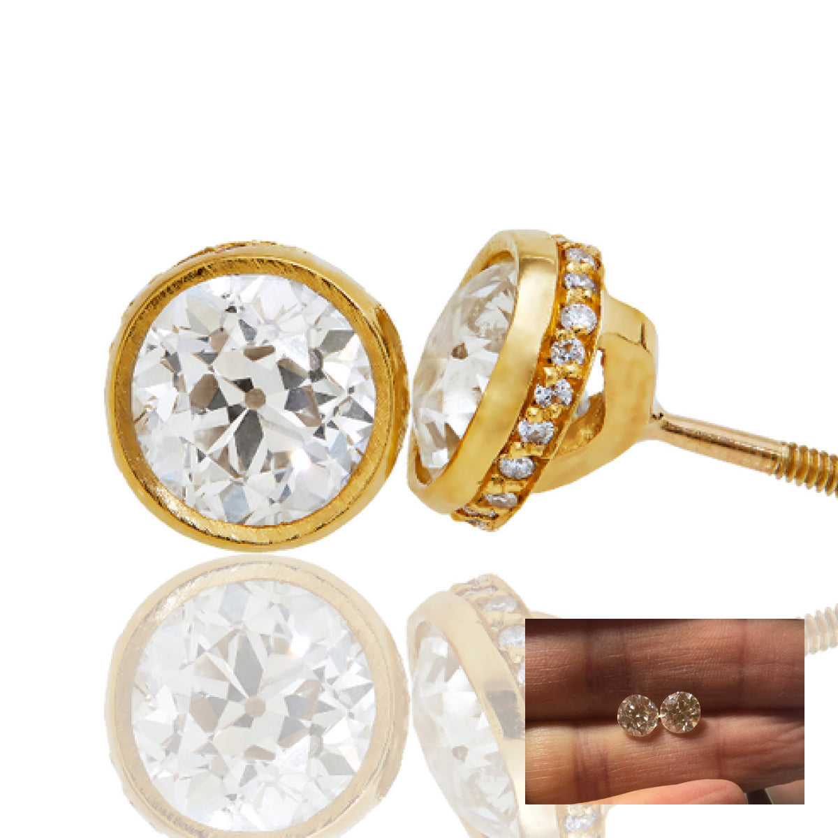 “Old European” heirloom diamonds crafted into 22K gold stud earring with a hidden halo.