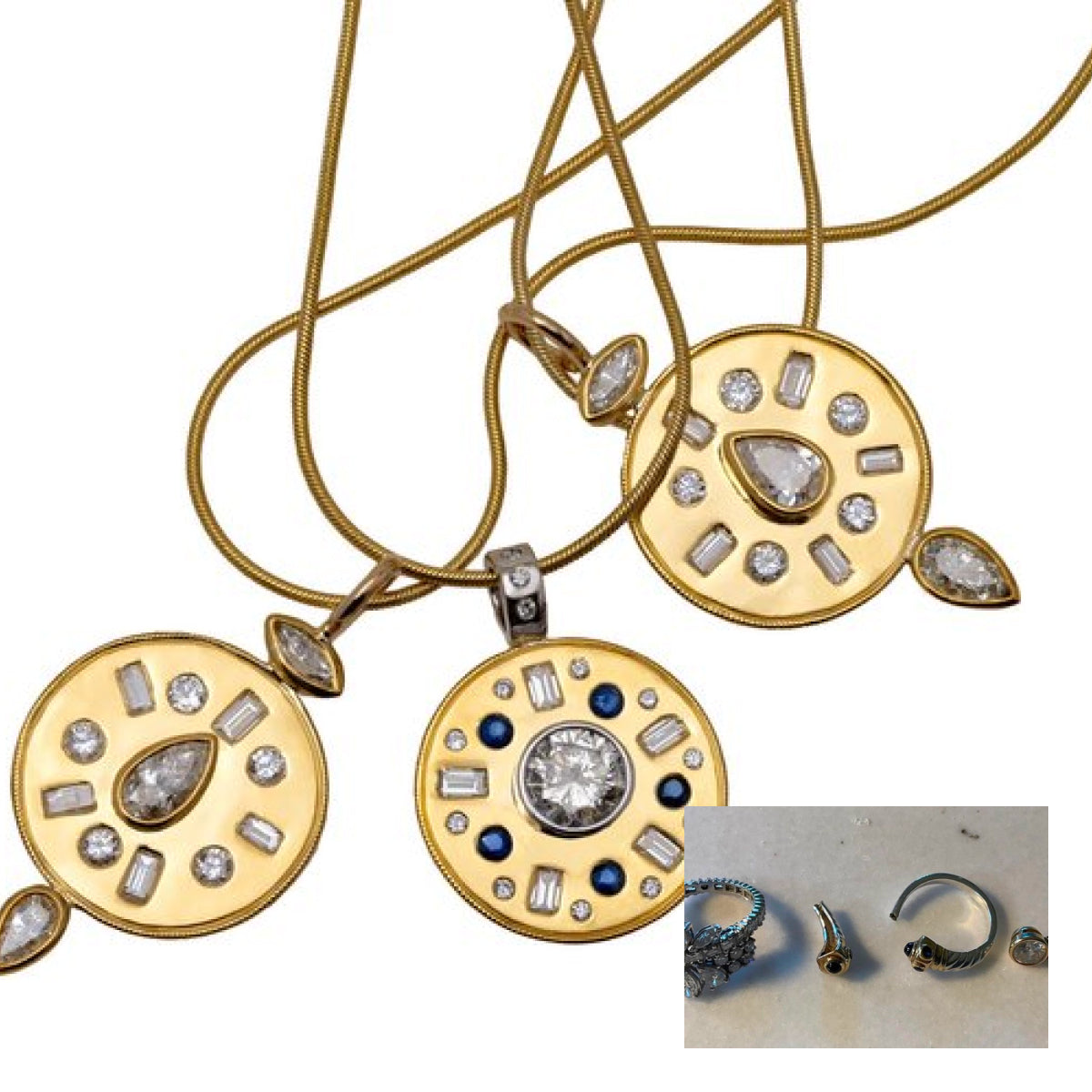 three pendants made of 22K gold and the mother’s pendant was a mixture of 22K gold and 18K white gold.