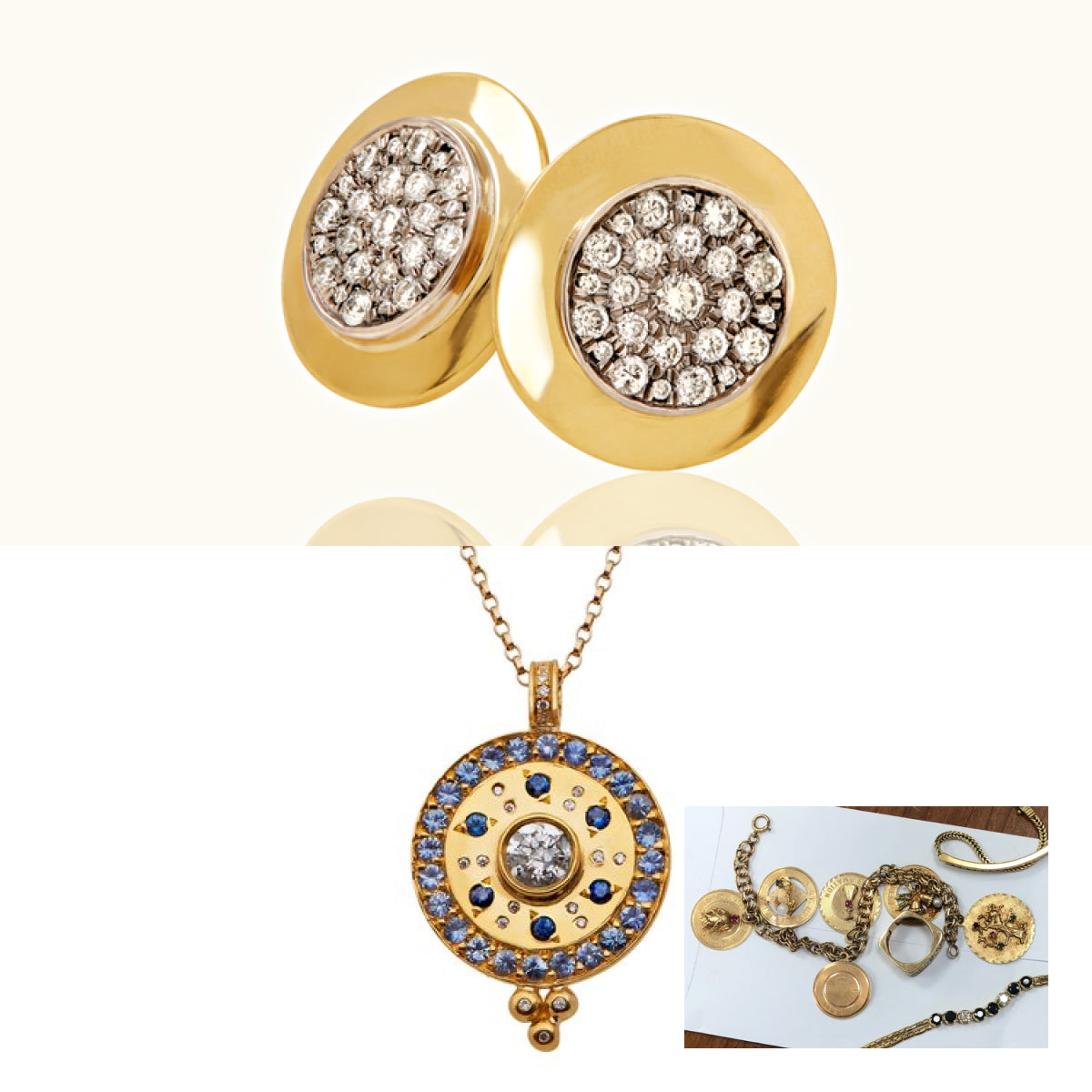 Several yellow and white gold pieces were crafted into a new pendant and earrings consisting of gold,saphires, and diamonds