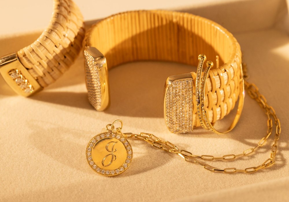 Hyannisport Nantucket Lightship Basket Cuff One Inch with Gold and Diamonds with necklace wrapped arpund