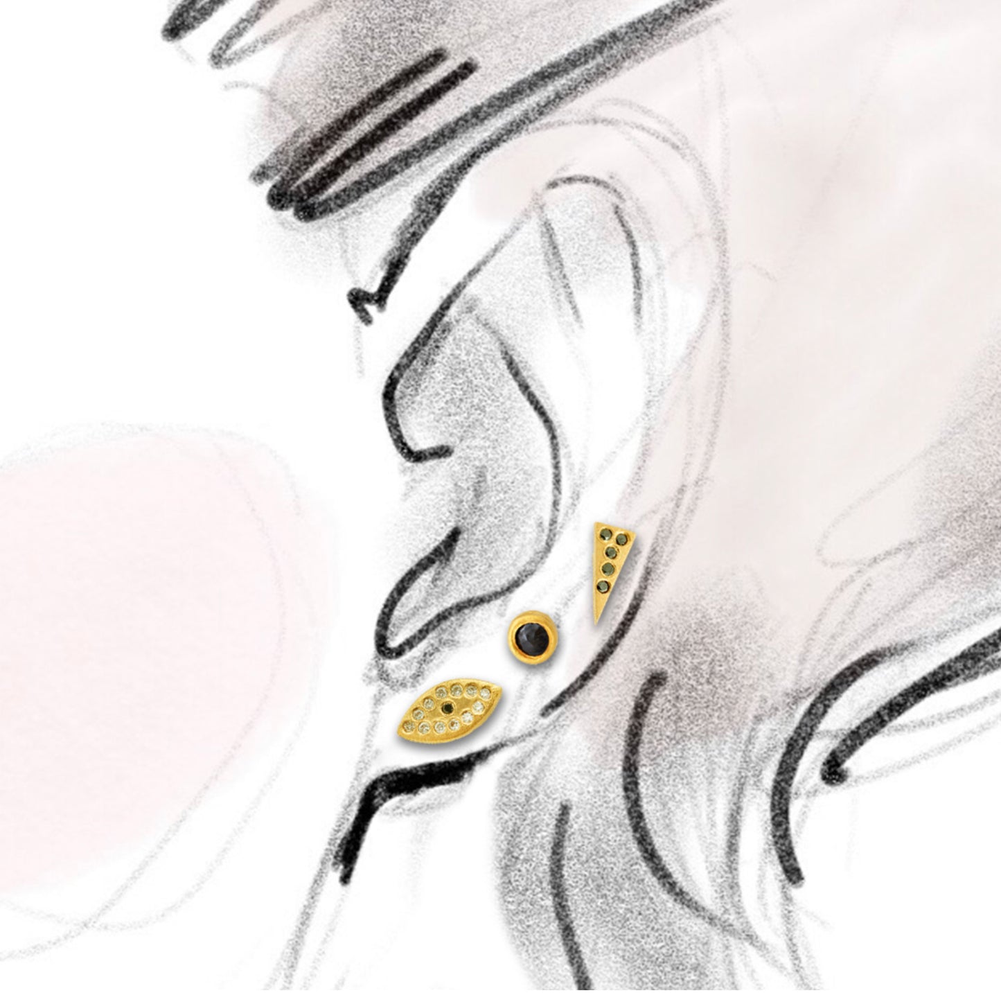 3 gold studs on drawing of an ear