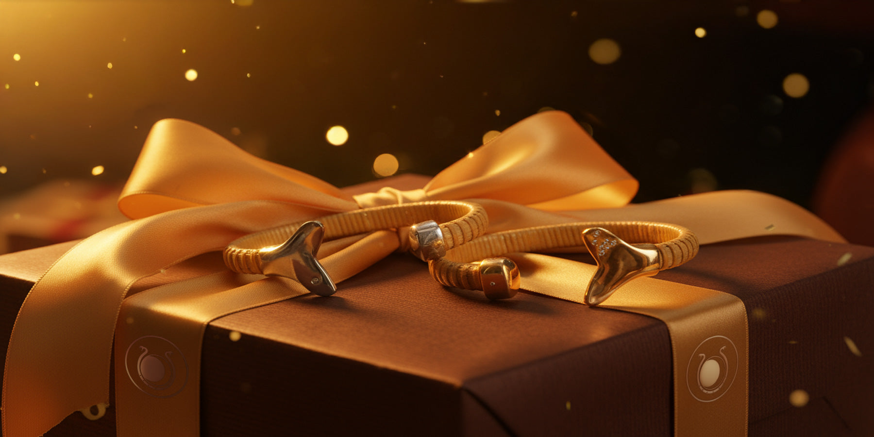 Gold and silver Nantucket cuff bracelets on a brown gift box with a gold ribbon against a dark background