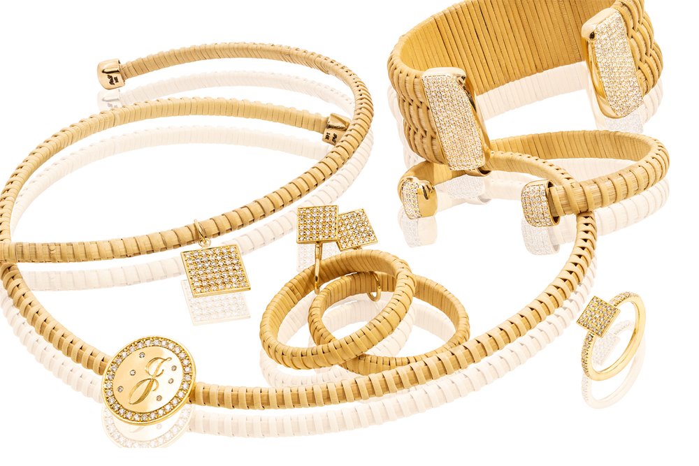 Nantucket Basket Square, Pave Diamond Pendant Choker in bracelet stack