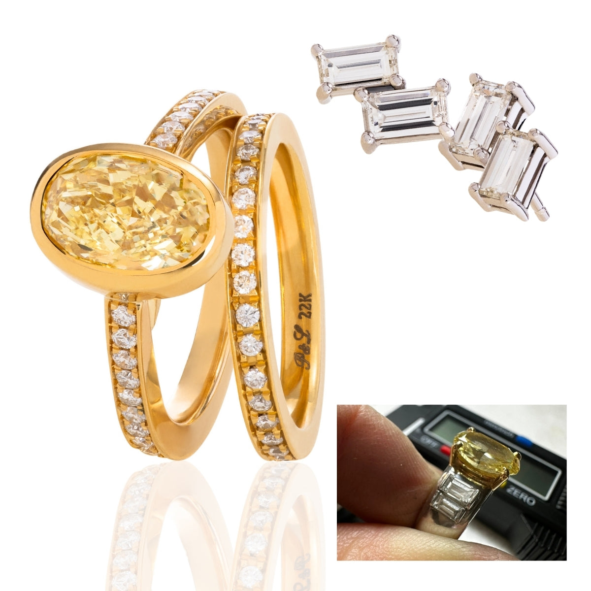A yellow diamond engagement ring with a matching yellow diamond wedding band, both set with small clear stones, shown alongside matching rectangular clear gemstone earrings. A small inset shows a hand holding the ring for scale.