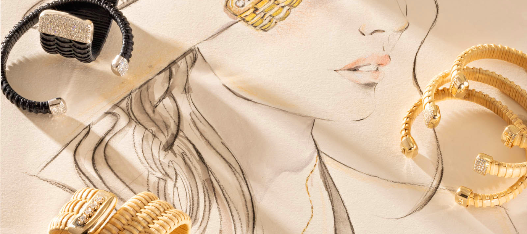 Jewelry set including earrings and bracelets on a stylized woman's face background