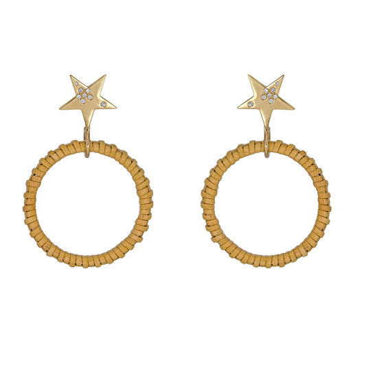 A pair of gold star-shaped stud earrings embellished with small clear crystals with basket woven hoops, shown on plain background