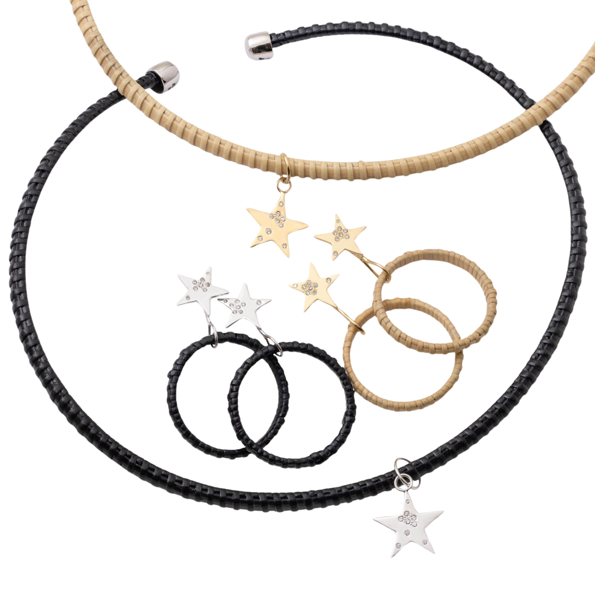 A pair of star-shaped stud earrings embellished with small clear crystals one in silver and one gold with basket woven hoops, and two woven necklaces one black and one natural, shown on plain background