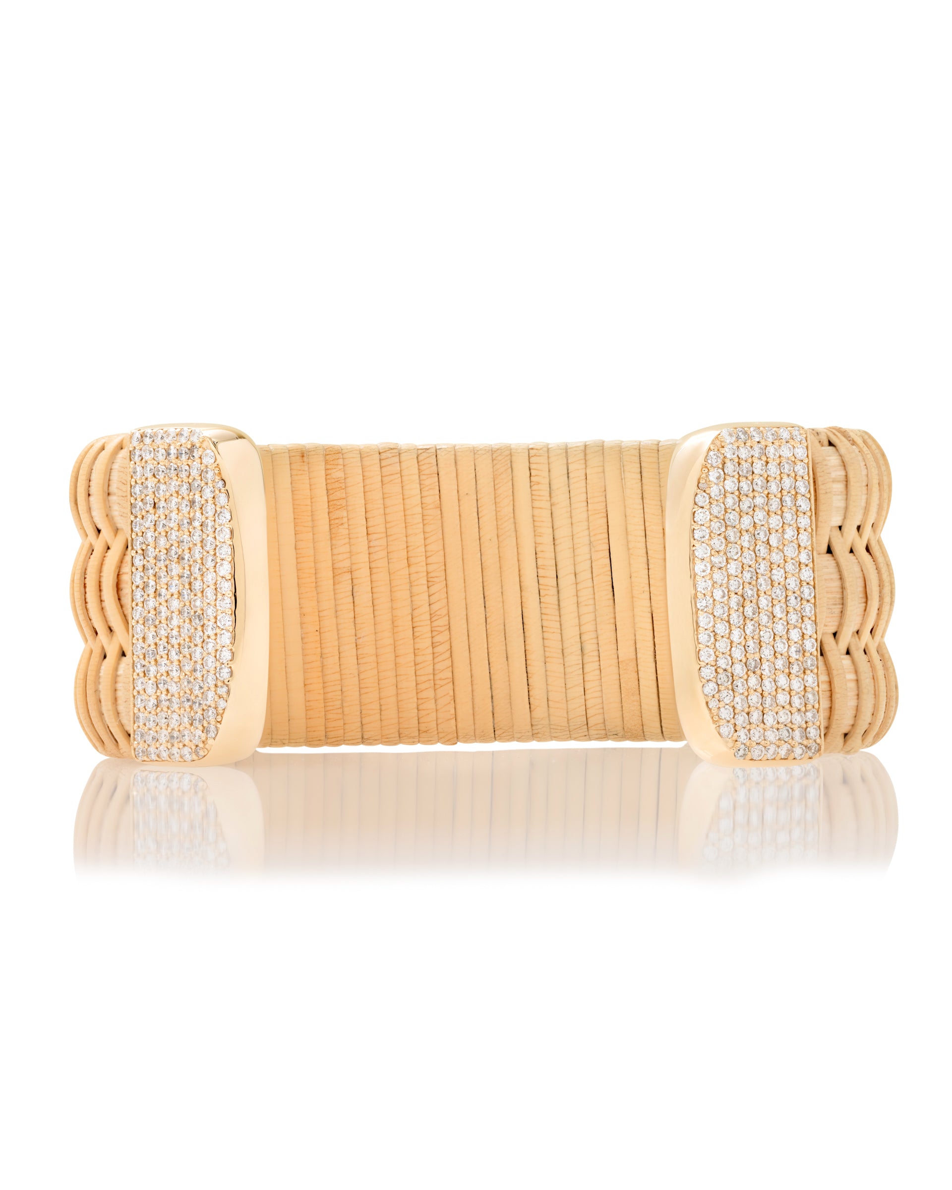 Hyannis Port Nantucket Lightship Basket 1" Cuff, handwoven from natural cane and rattan, with Gold and Diamonds