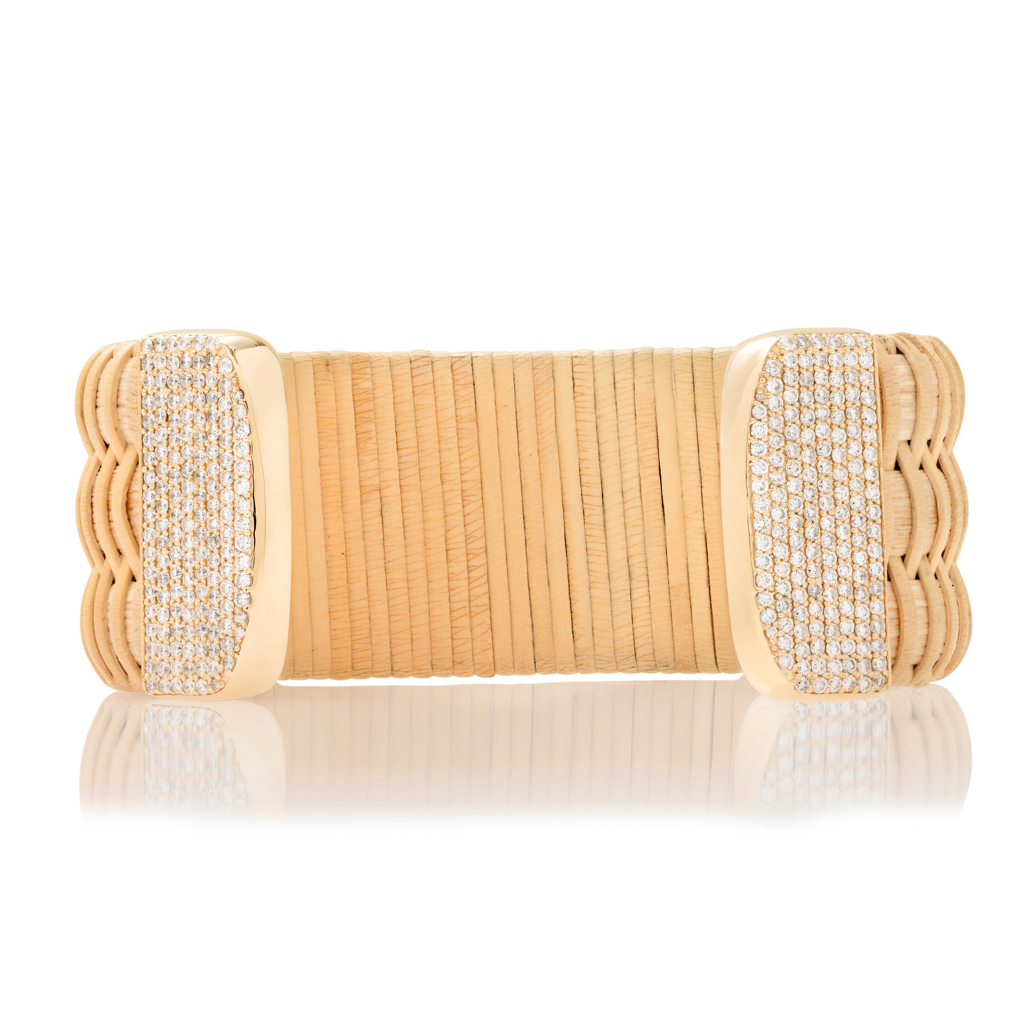 wide woven bracelet with gold caps and diamond accents 