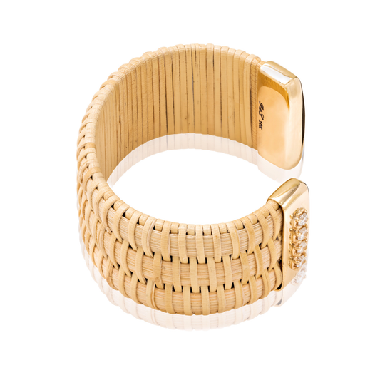 wide woven cuff bracelet with gold caps and diamond accents