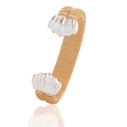 Cane and rattan weave cuff bracelet with silver scalloped caps