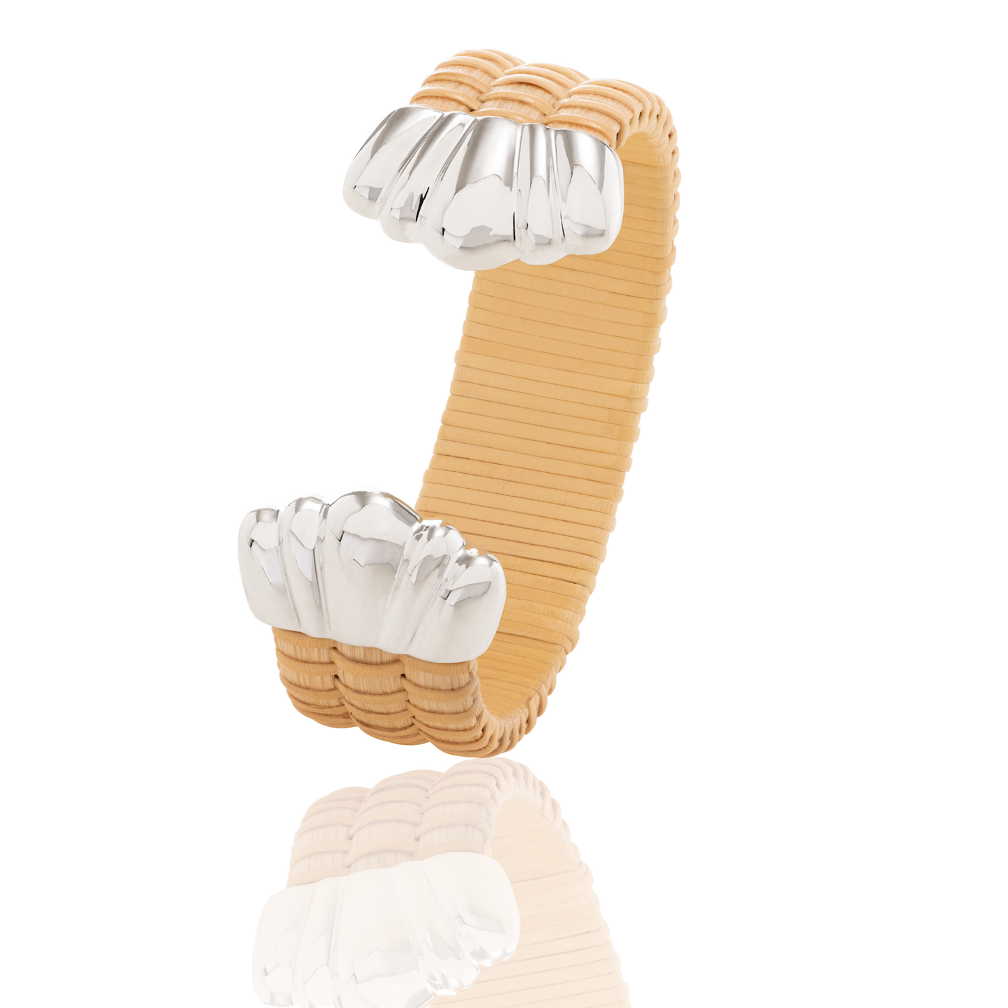 natural cane rattan woven cuff with silver scallop caps