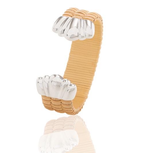 natural cane rattan woven cuff with silver scallop caps