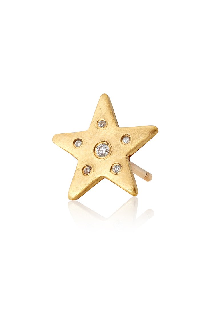 18K gold large star with white diamond stud earring