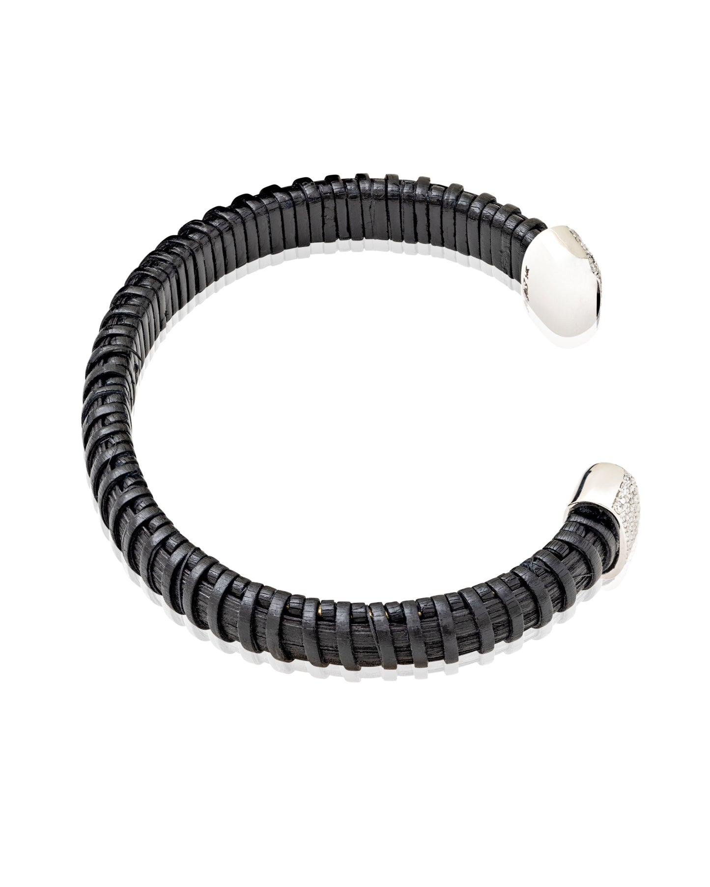 Midnight Swim Nantucket Lightship Basket 1/4" Cuff, handwoven from natural cane and rattan, with White Gold and Diamonds