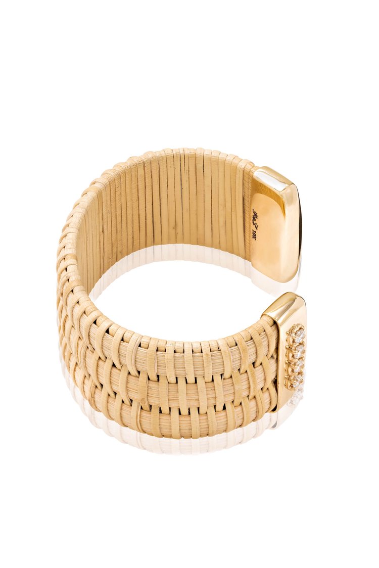 Monomoy Sunrise Nantucket Lightship Basket 1" Cuff, handwoven from natural cane and rattan, with Gold and Diamonds